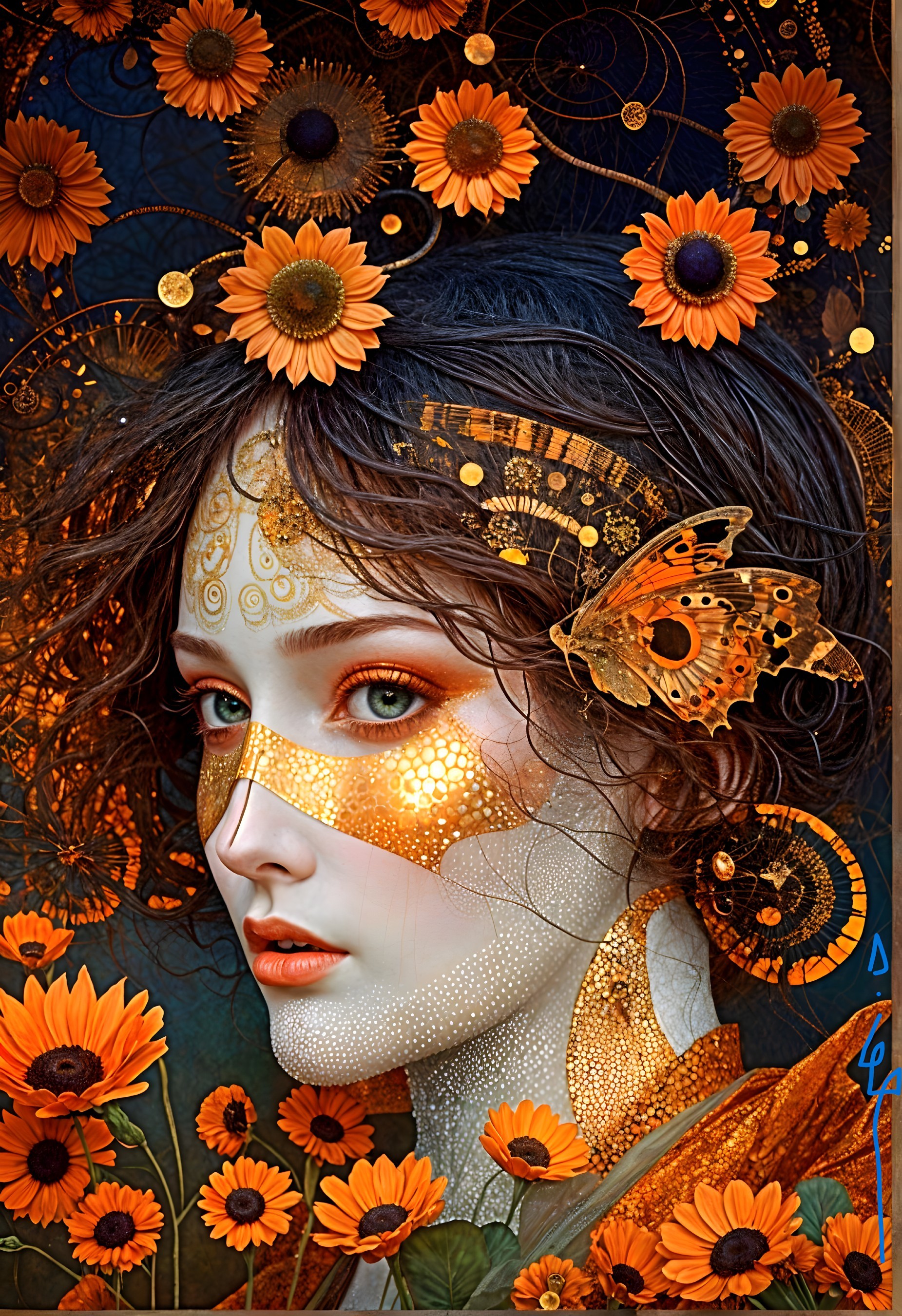Portrait of a Young Woman with Gold Patterns and Sunflowers
