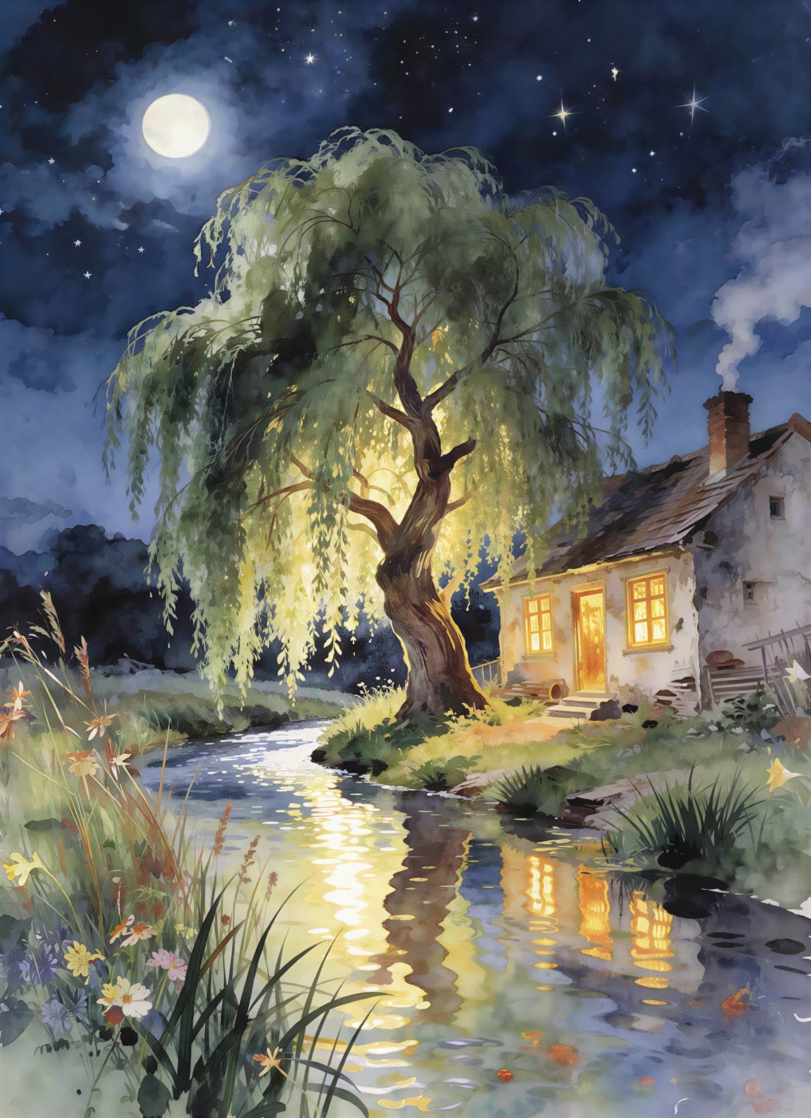 Watercolor Night Scene of Cottage by a River