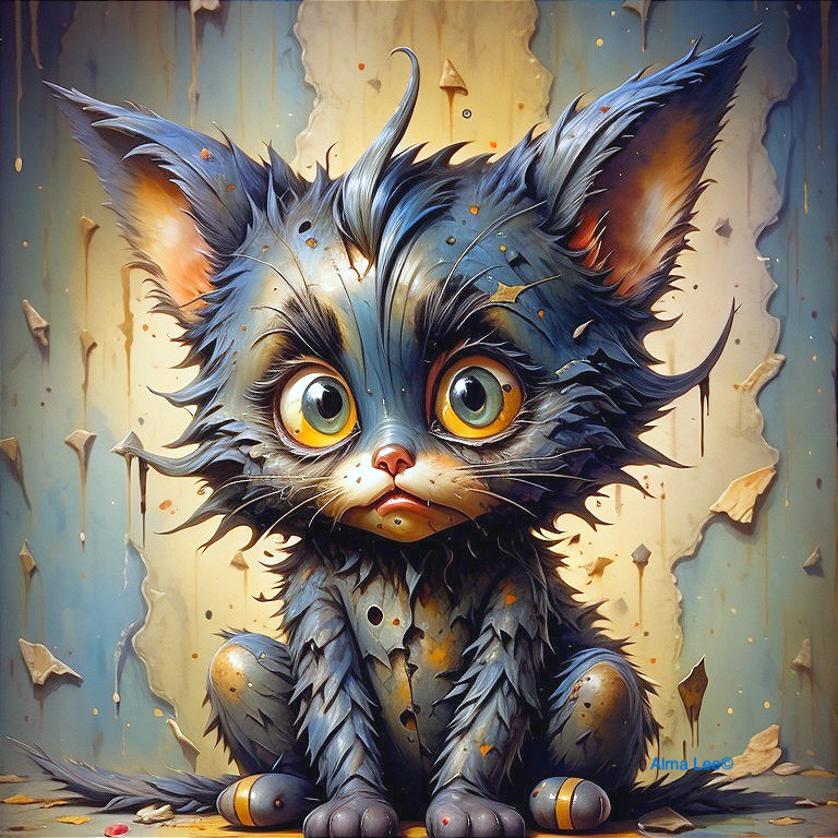 Cartoonish Kitten with Toys Against Textured Wall