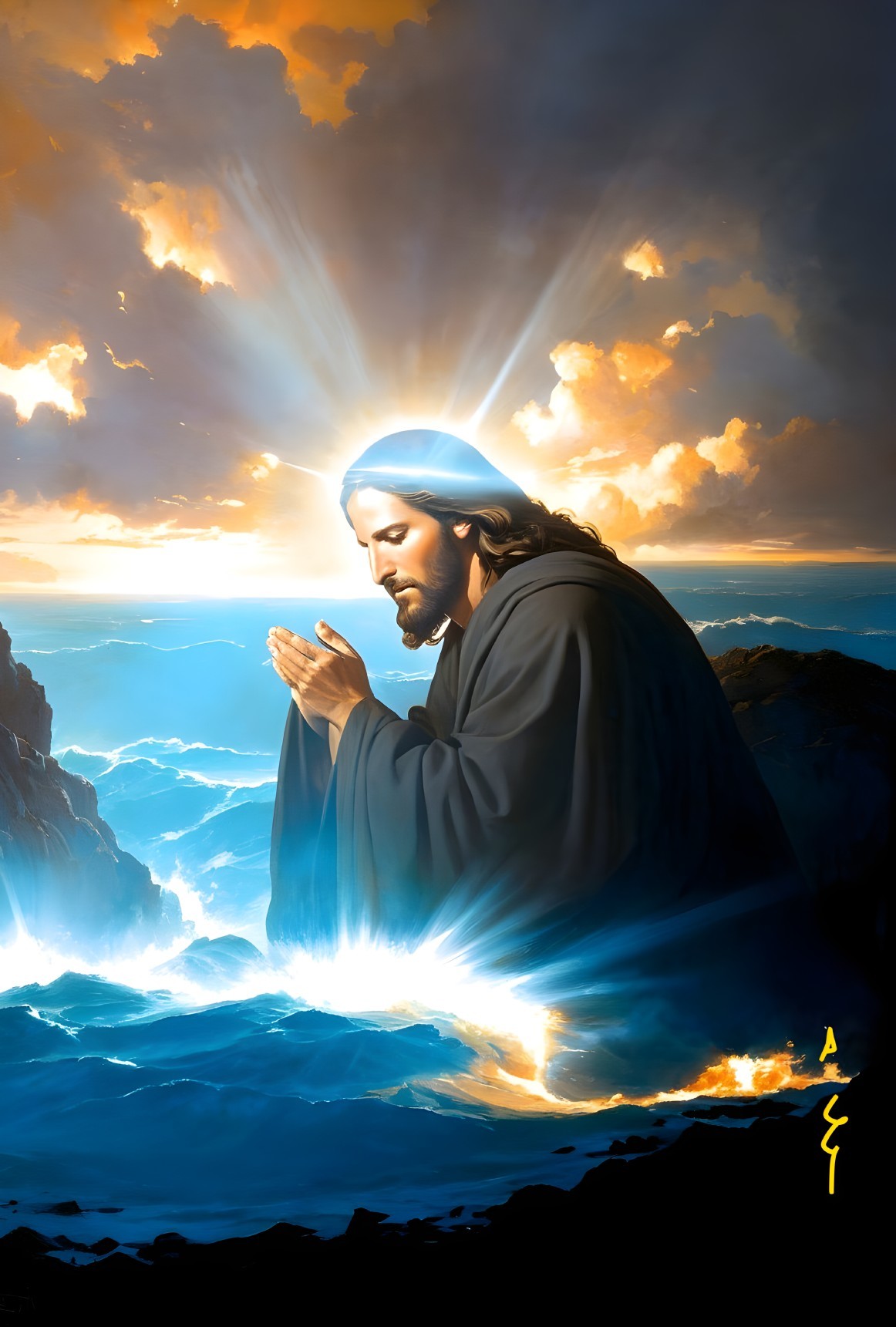 Serene Jesus Figure in Prayerful Posture with Light