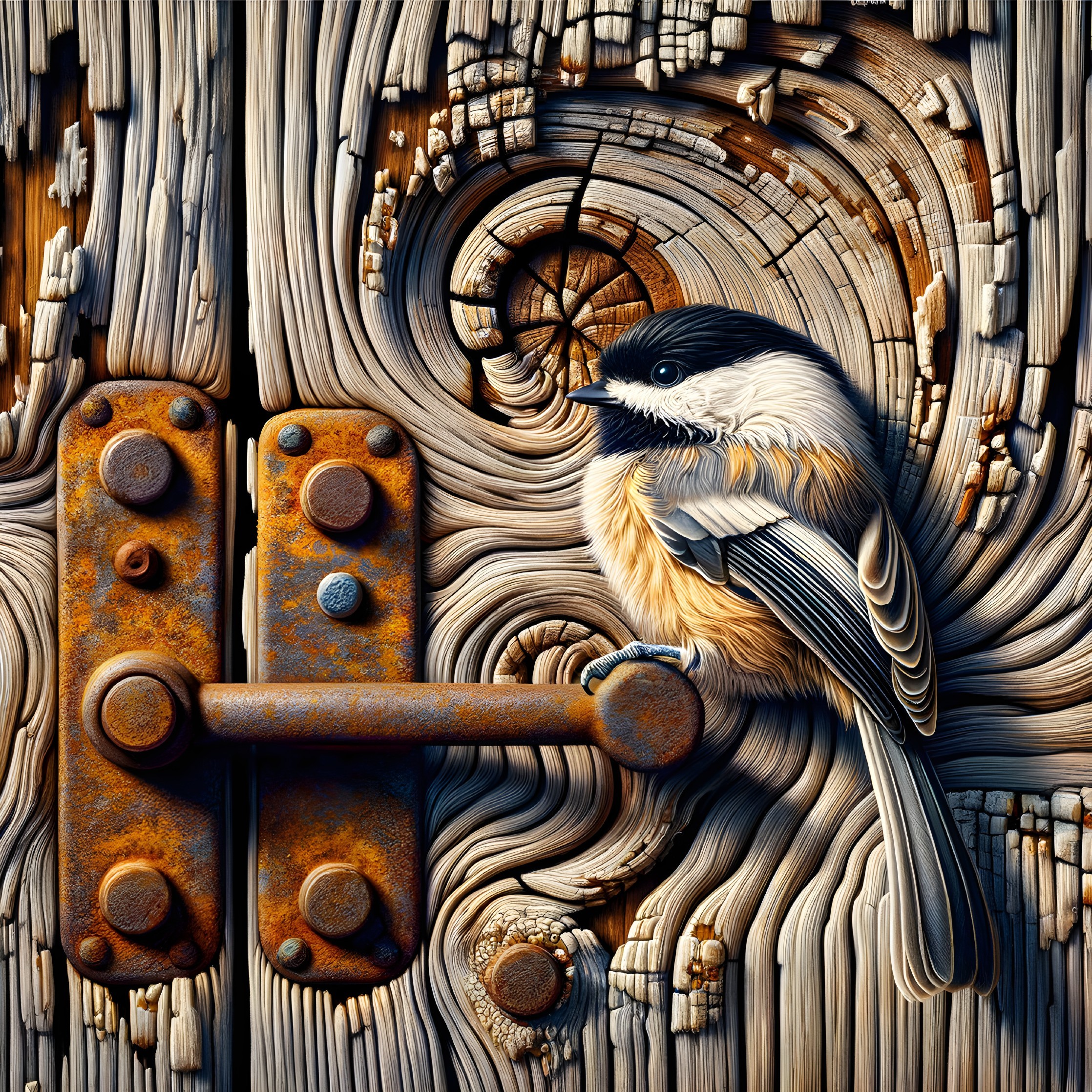 Chickadee on Rustic Metal Hinge with Wood Textures