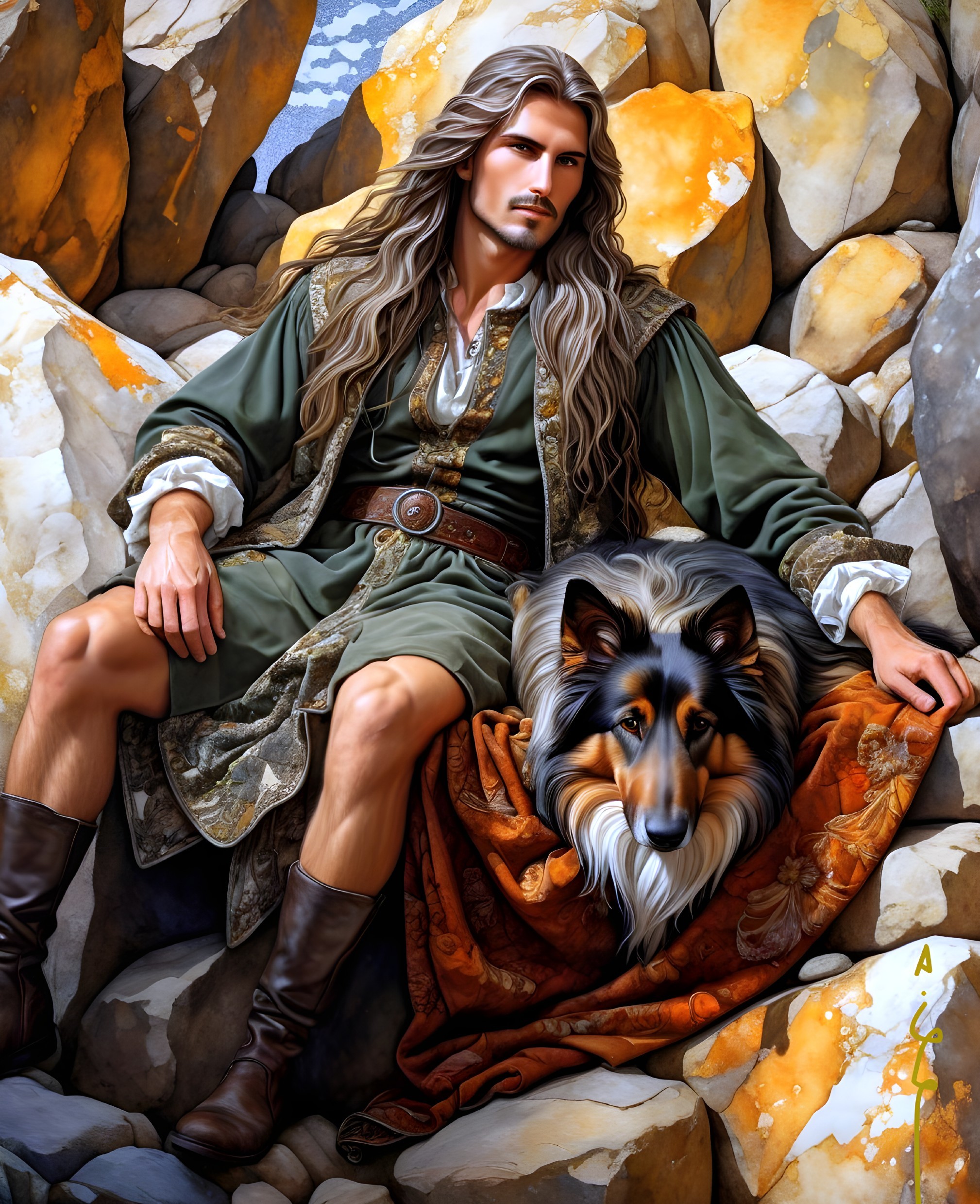 Rugged Man and Collie Against Rocky Cliffs Scene