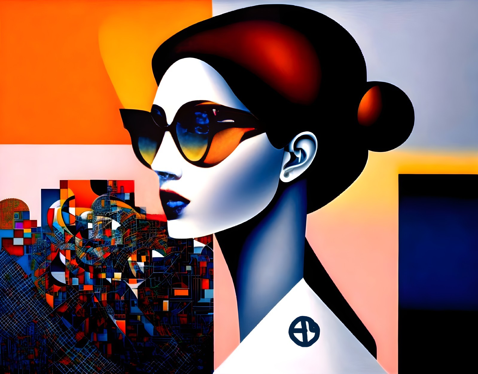 Stylized Female Figure with Sunglasses and Bold Colors