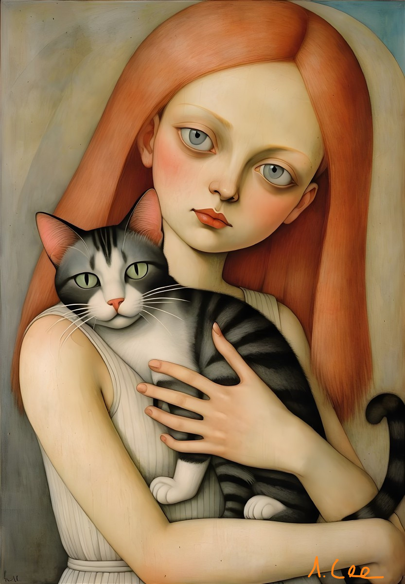 Young girl with cat in serene, soft-toned setting