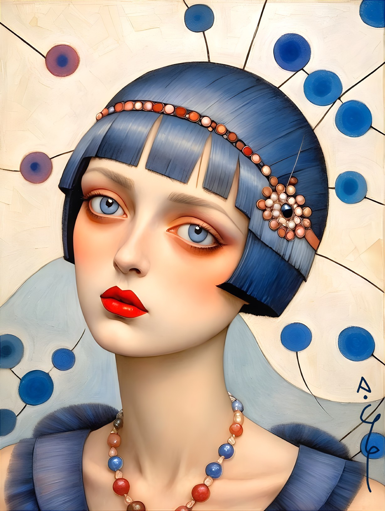 Young Woman with Blue Bob and Decorative Headpiece