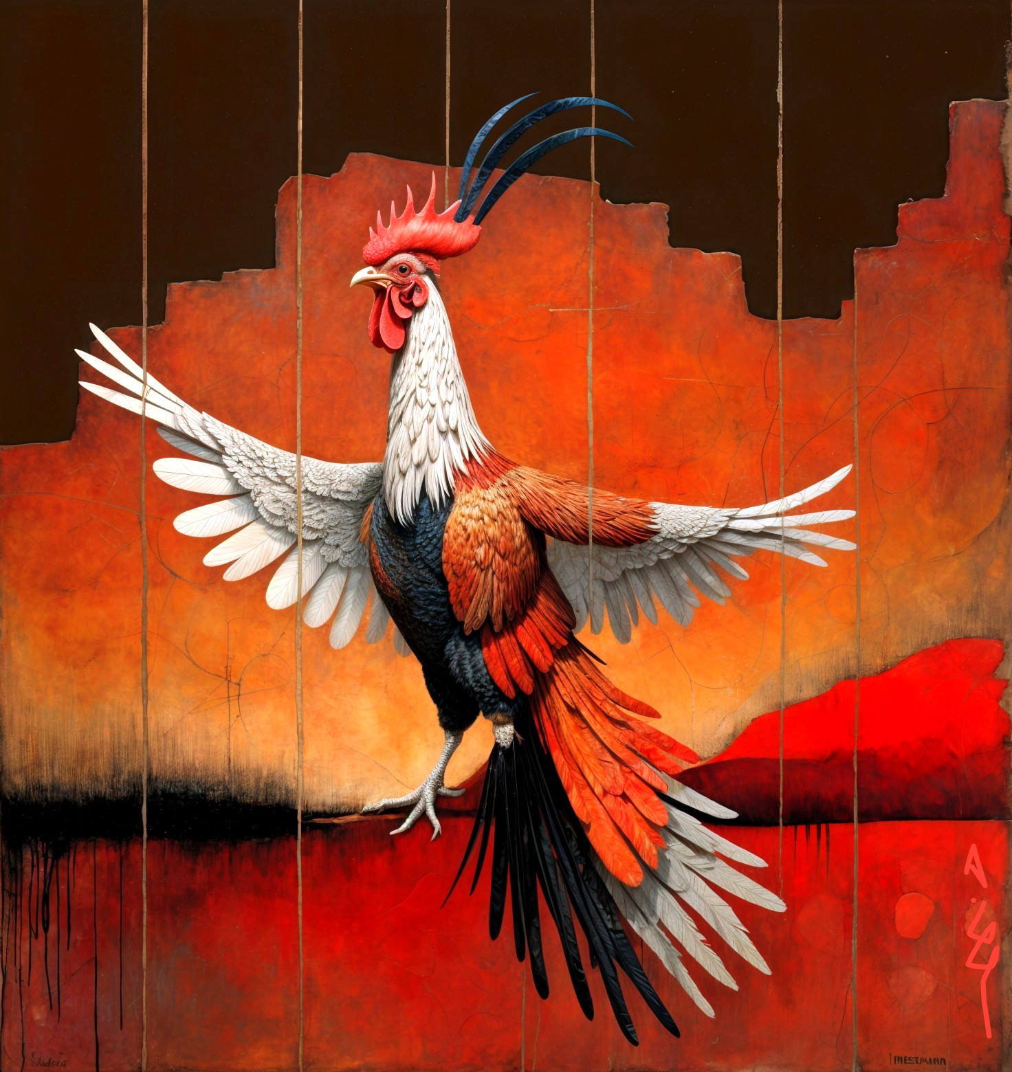 Majestic Rooster Mid-Flight in Vibrant Artwork