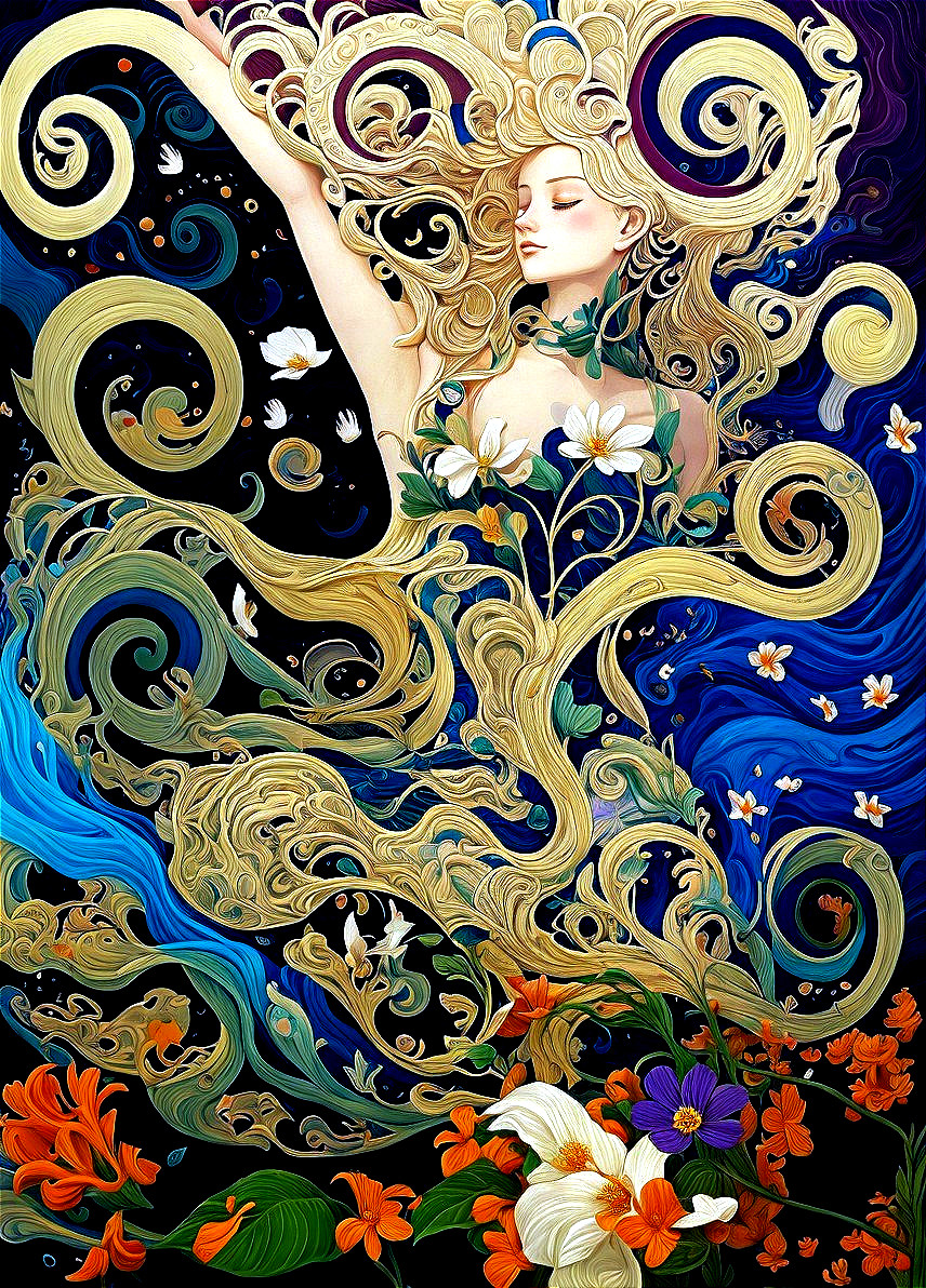 Serene figure with flowing hair in vibrant colors