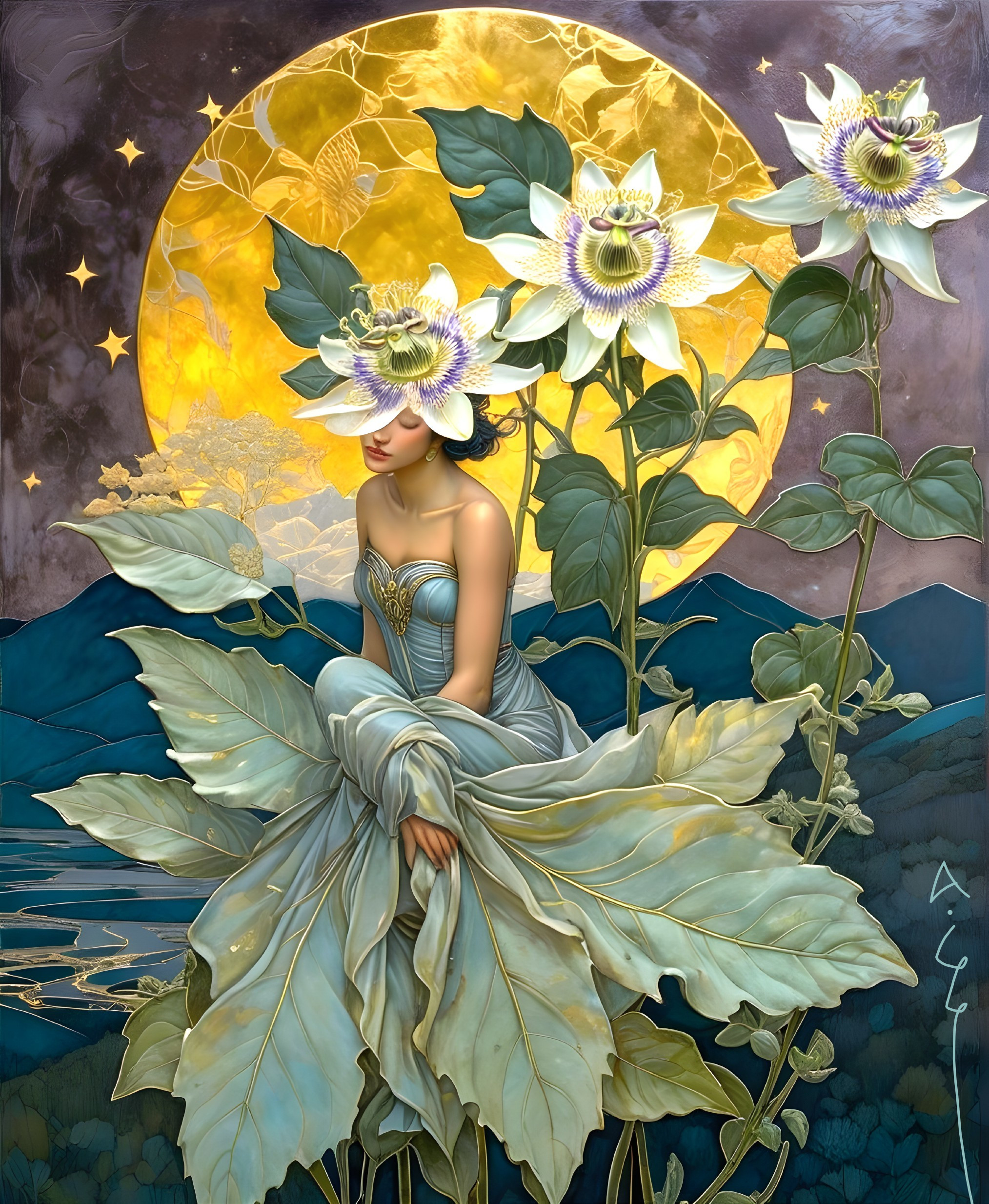 Serene figure among oversized passionflowers and moon