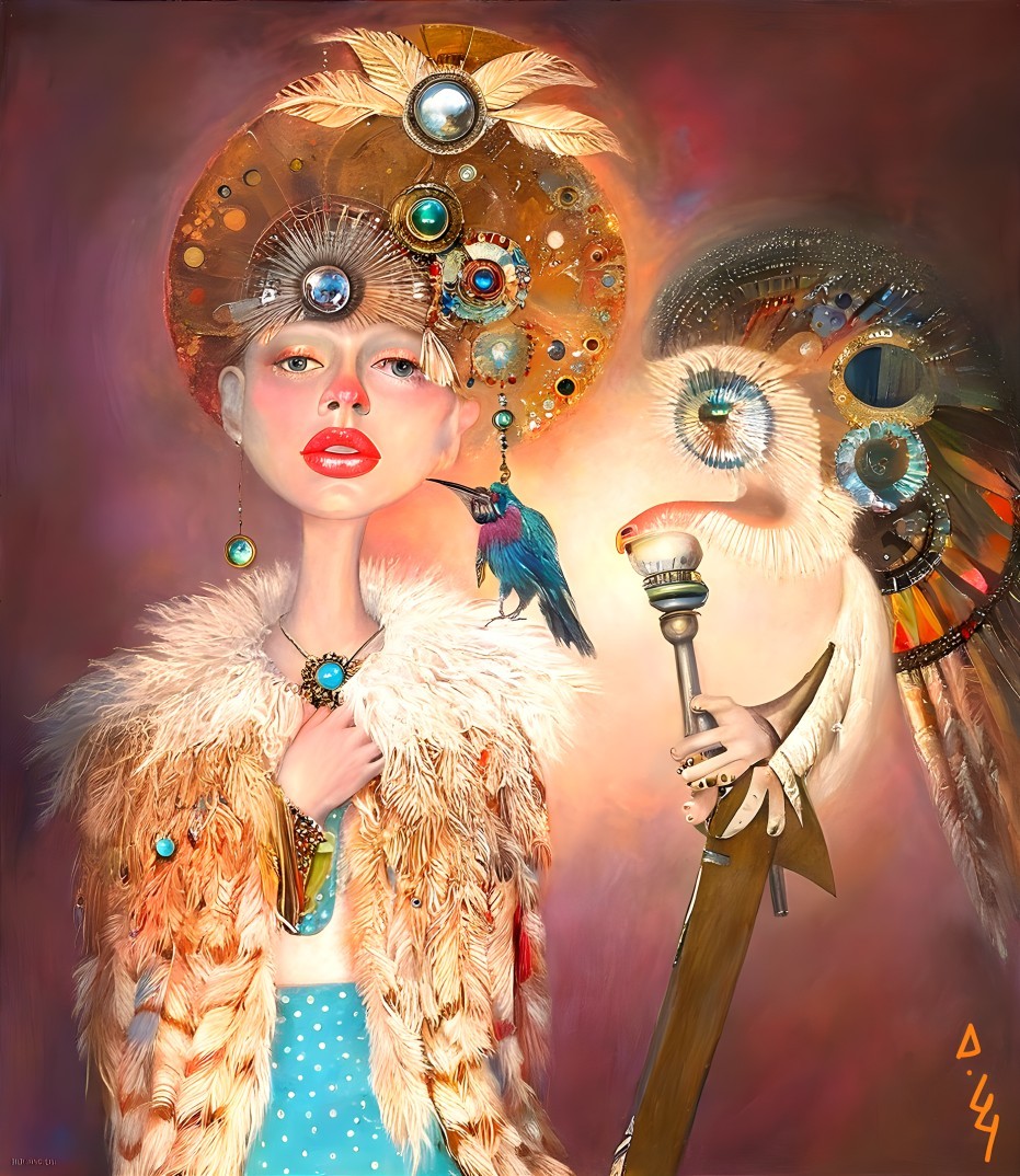Young Woman in Feathered Outfit with Hummingbird