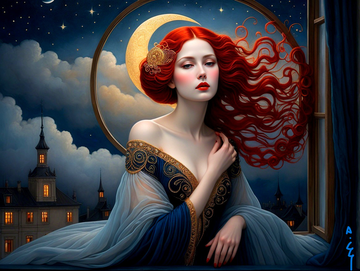 Ethereal Woman with Red Hair by Crescent Moon Window