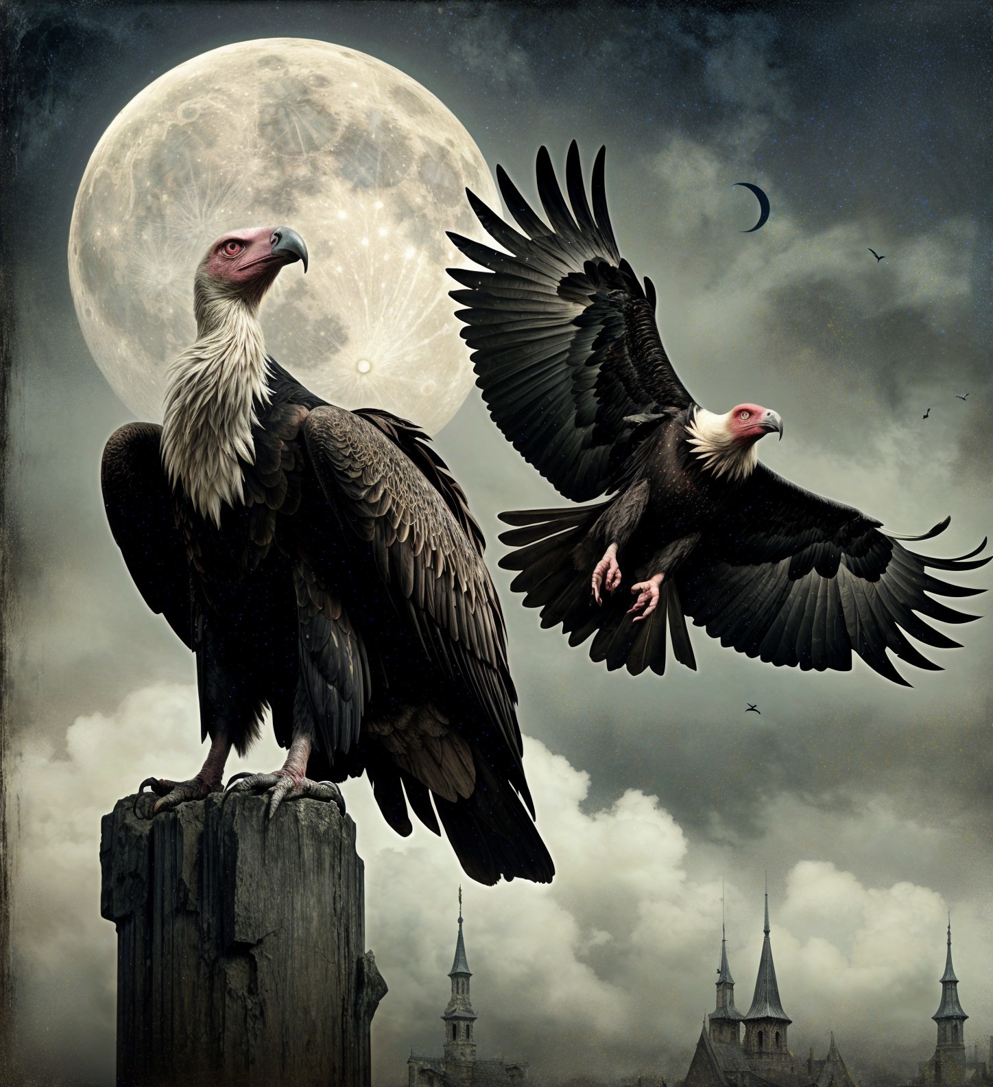 Majestic Vultures Under a Full Moon with Castles
