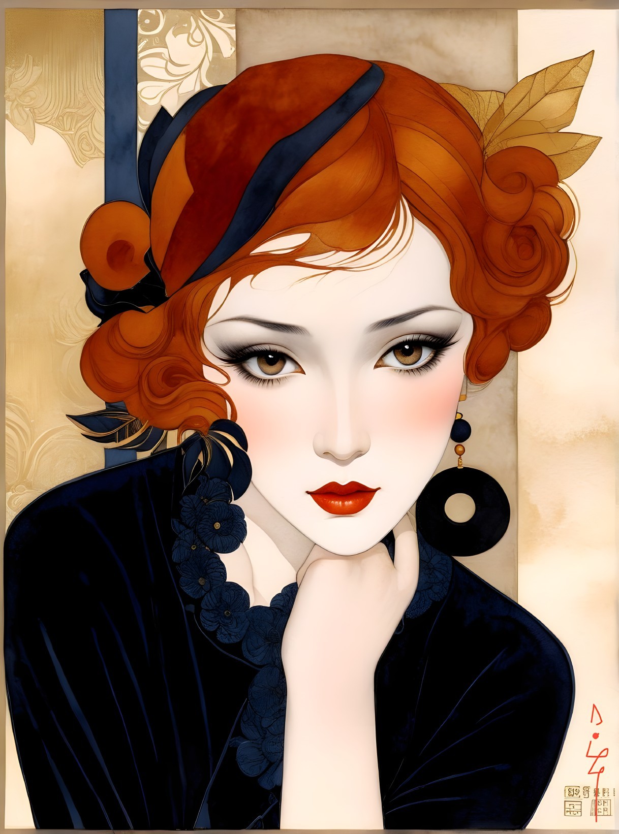 Stylized portrait of a woman with red hair and elegance