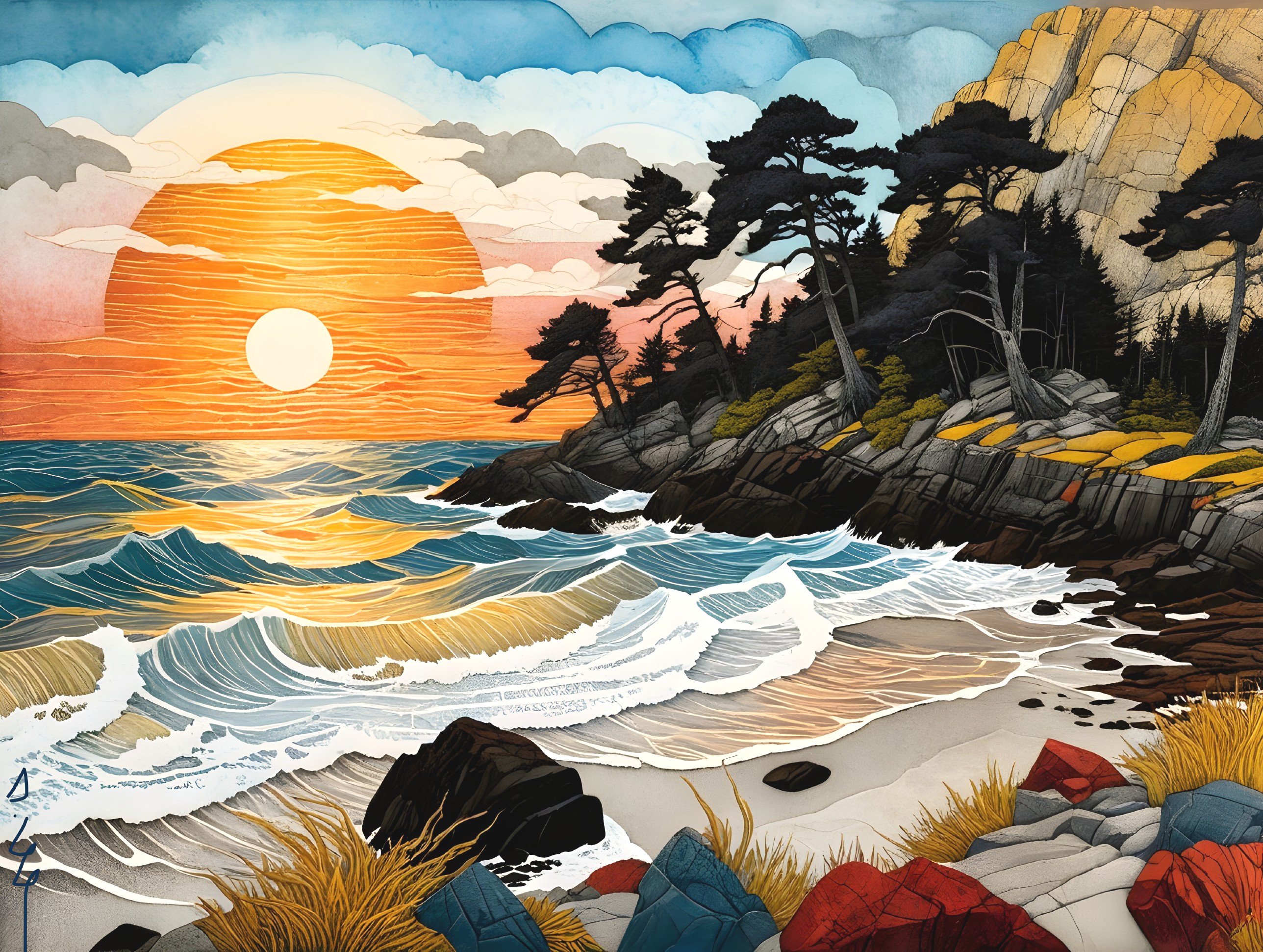 Vibrant Coastal Sunset with Waves and Silhouetted Trees