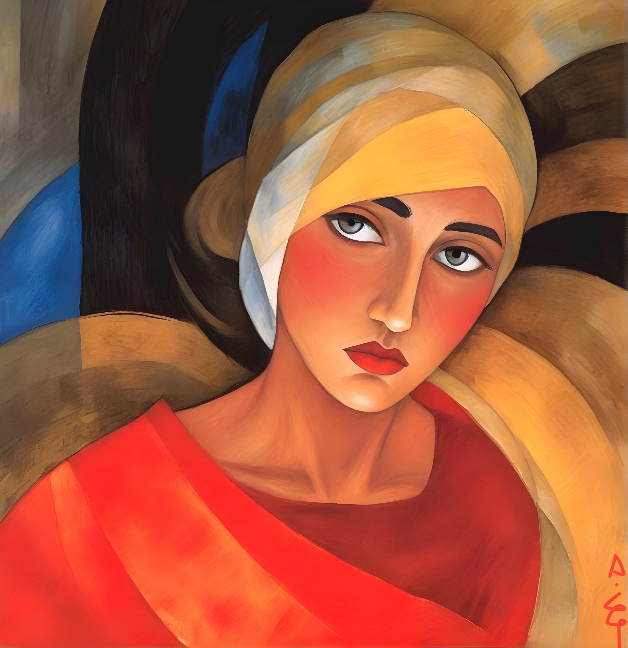 Contemplative Woman in Vibrant Red Garment and Headscarf