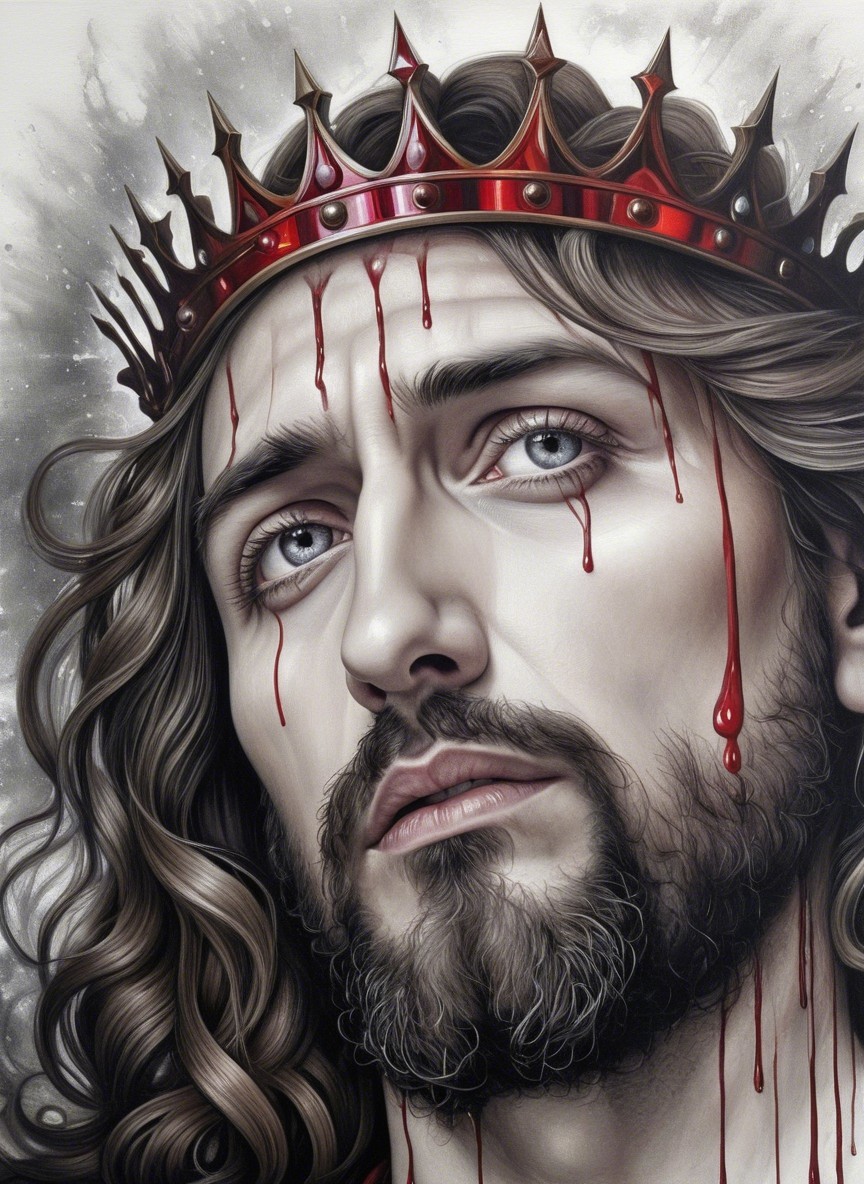 Contemplative King with Blood-Streaked Face and Crown