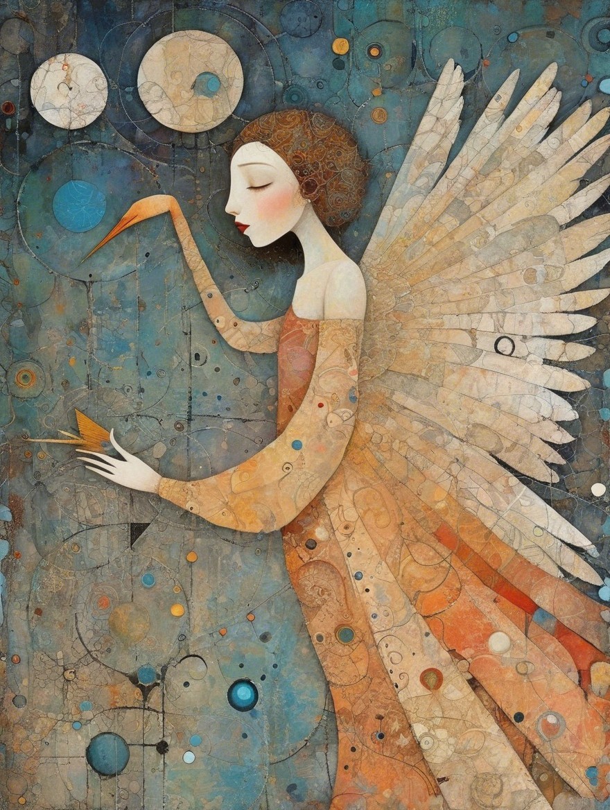 Serene Angel Figure with Bird and Abstract Background