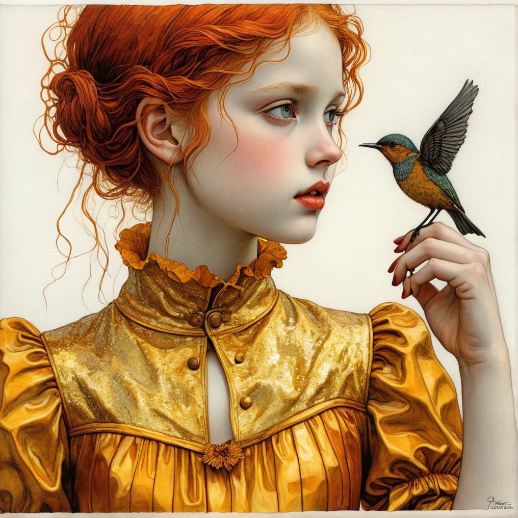 Young girl with red hair and vibrant bird on finger