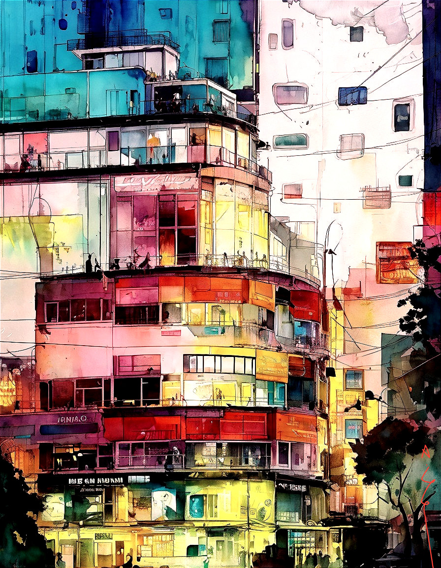 Vibrant Urban Scene with Colorful Multi-Level Building