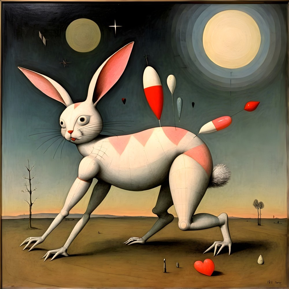 Surreal Artwork of Anthropomorphic Rabbit in Landscape