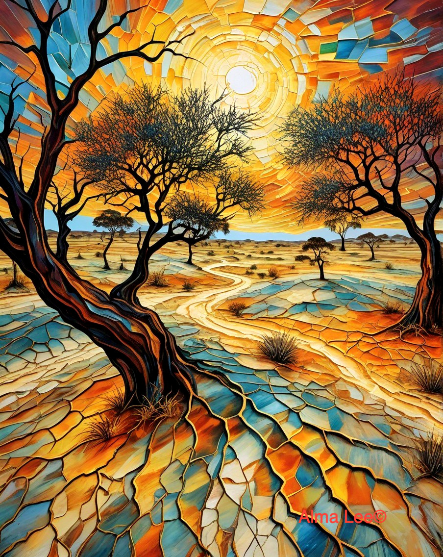 Vibrant Sunset Over Cracked Landscape with Stylized Trees