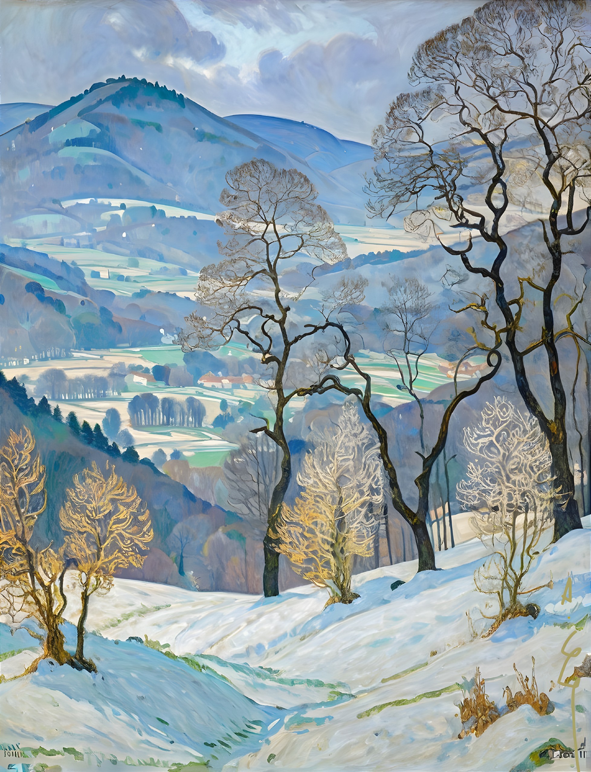 Serene Winter Landscape with Snowy Hills and Trees
