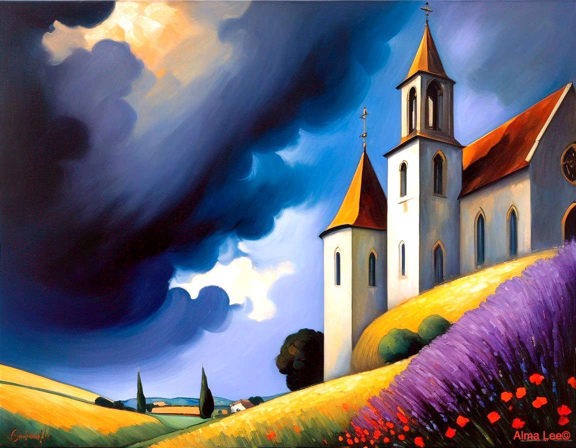 Vibrant Landscape with White Church and Dramatic Sky