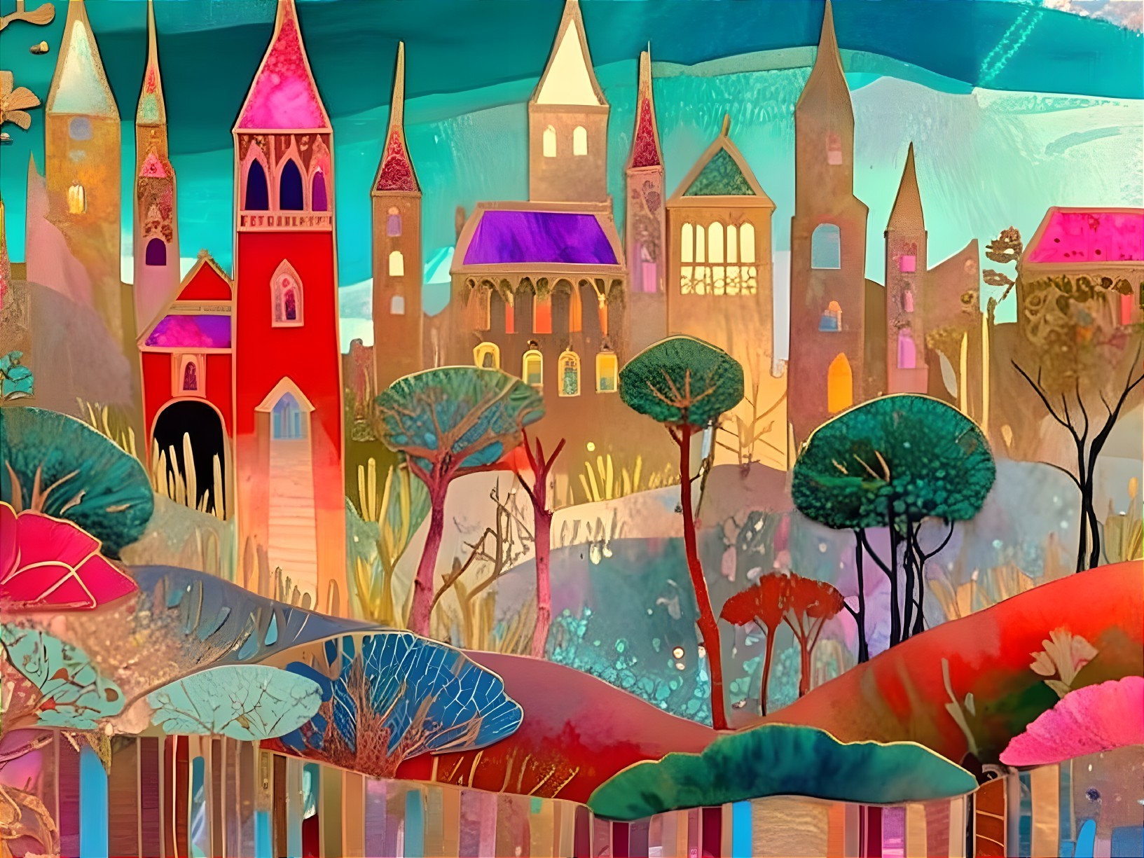 Vibrant Whimsical Landscape with Colorful Buildings