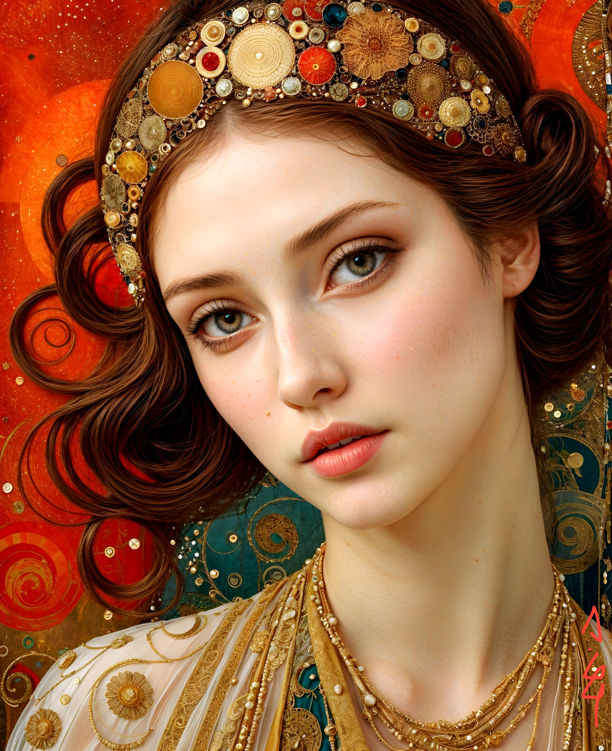 Portrait of a young woman with intricate headpiece