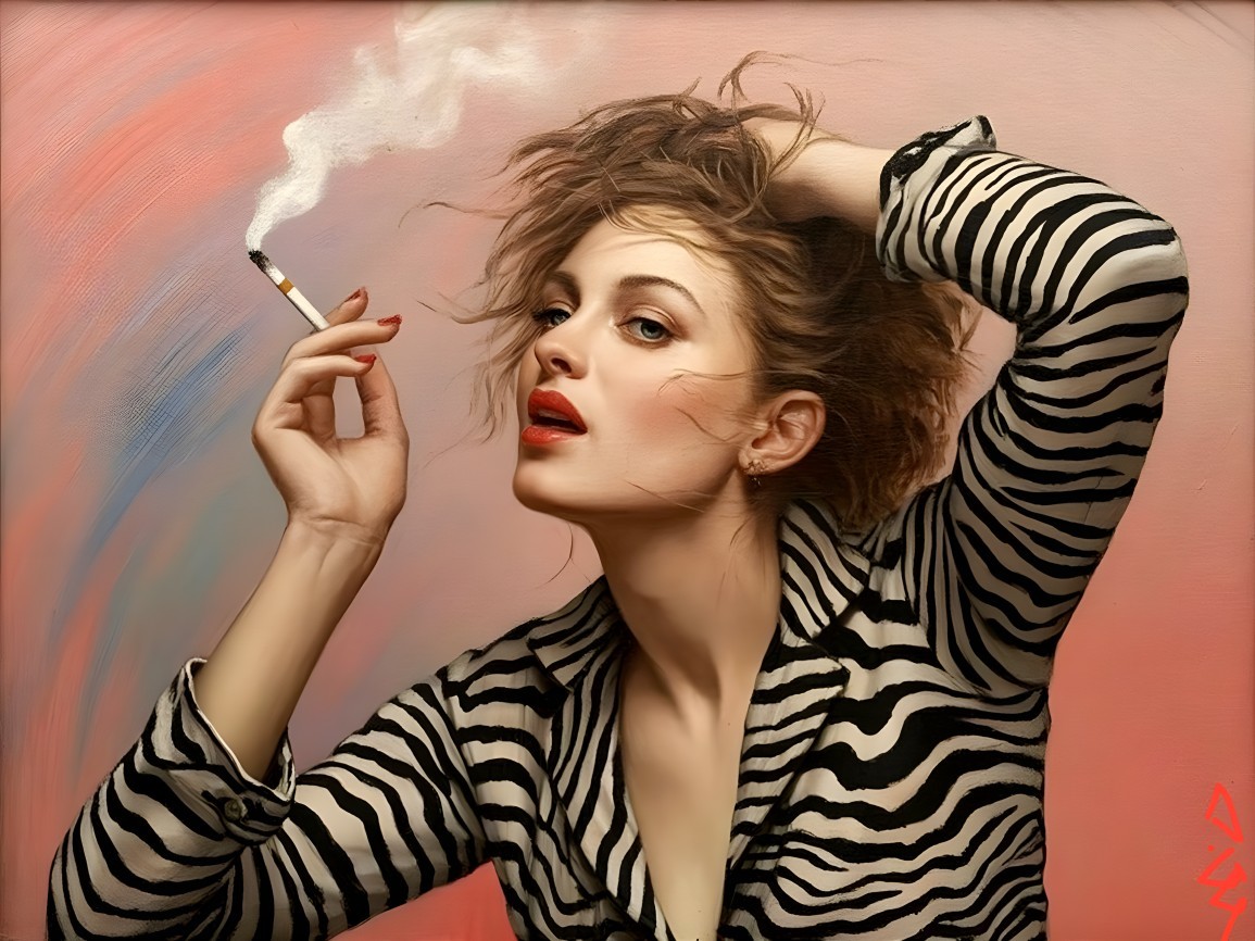 Confident Woman in Zebra-Striped Blouse and Cigarette