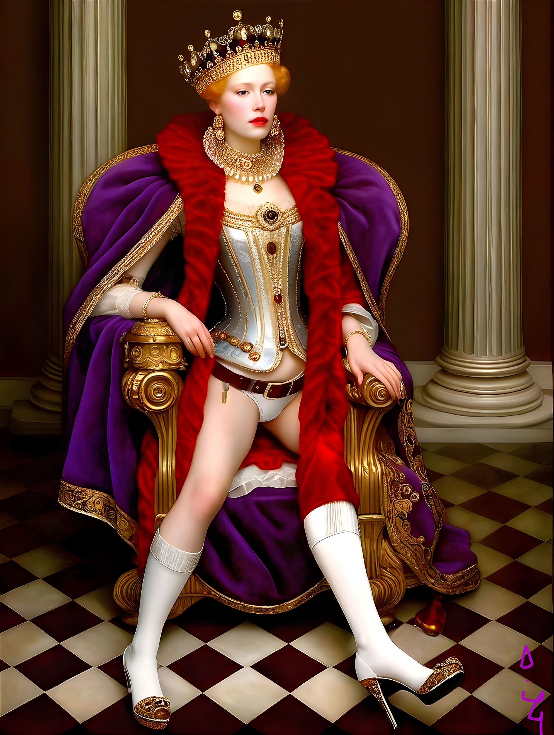 Regal figure on an ornate throne in lavish attire