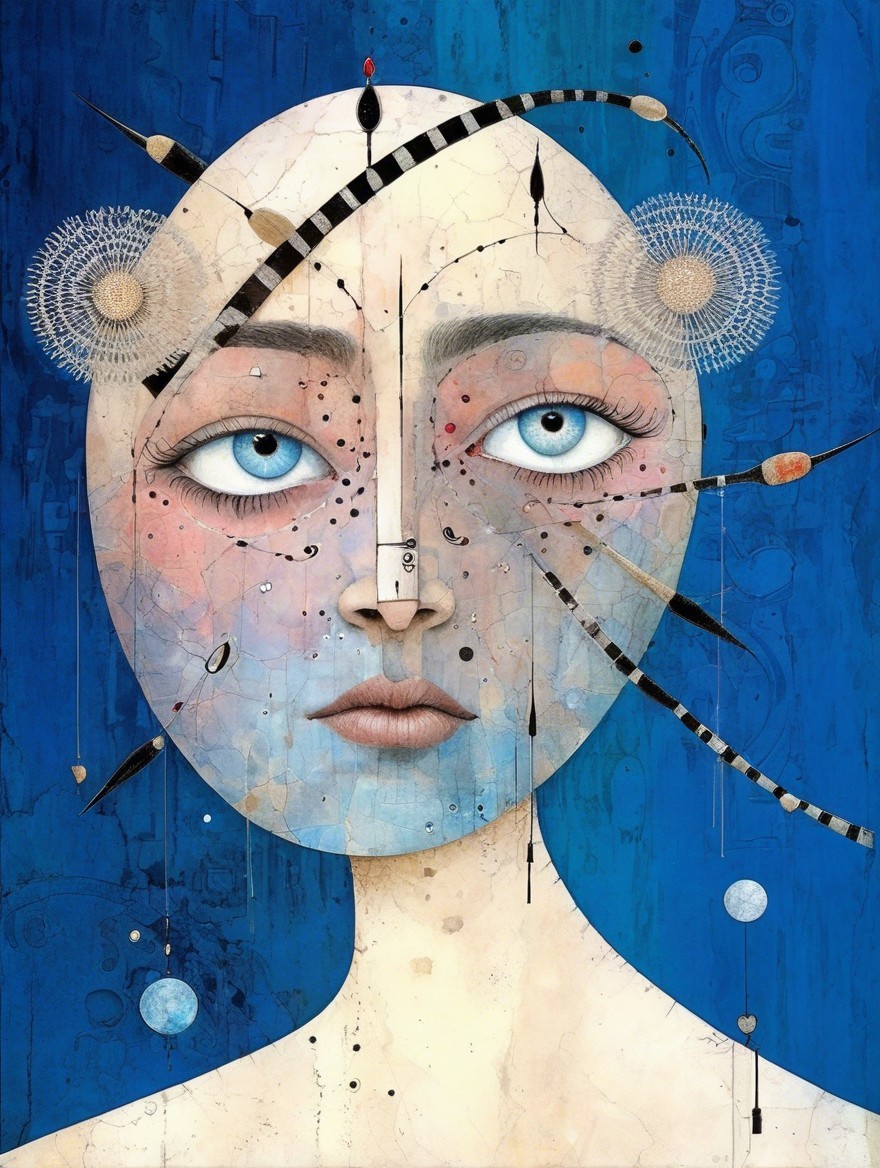 Ethereal Face with Vibrant Blue Background and Details