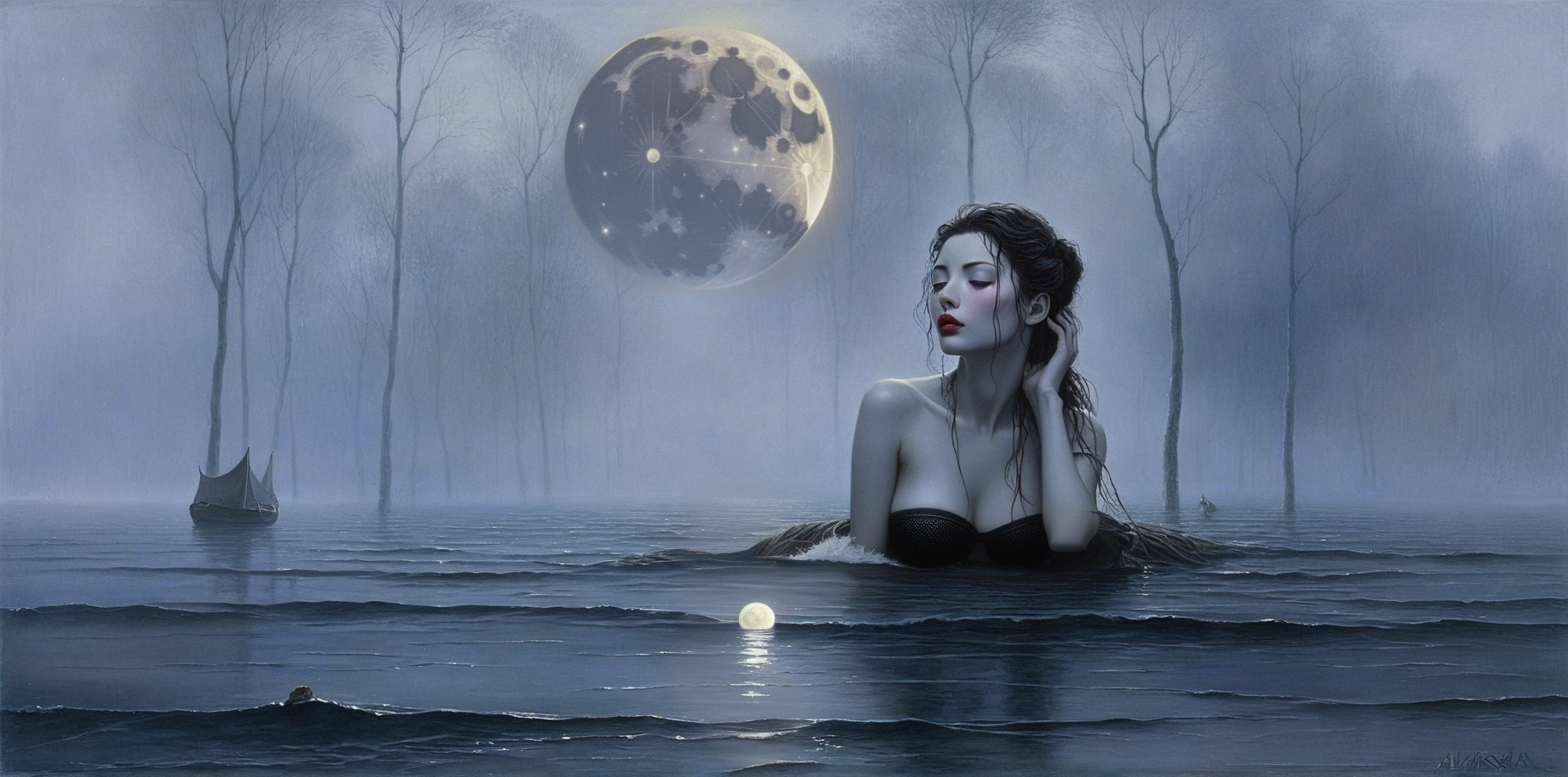 Mystical Night Scene with Woman and Sailboat