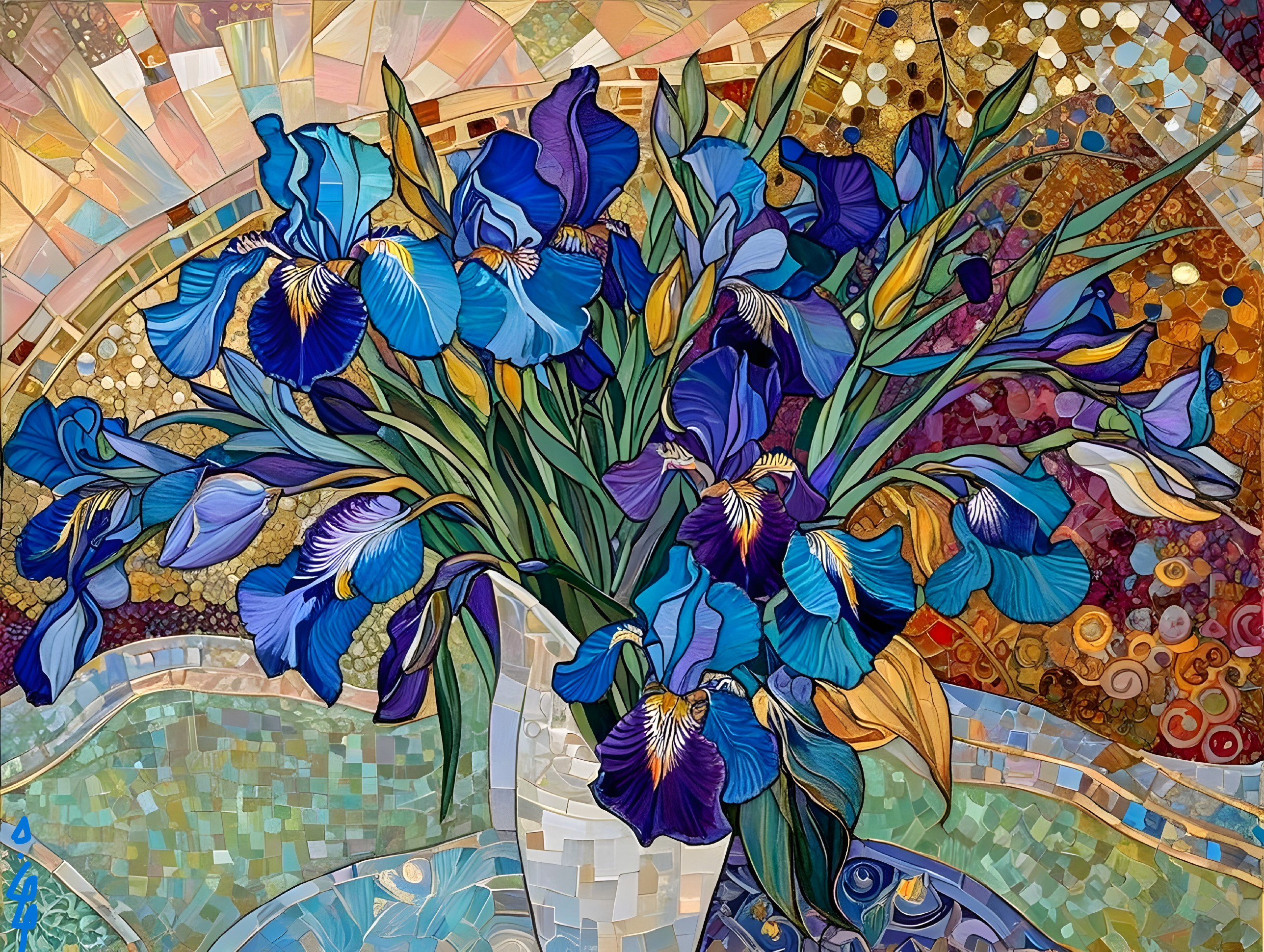 Vibrant Mosaic of Blue Irises in White Vase