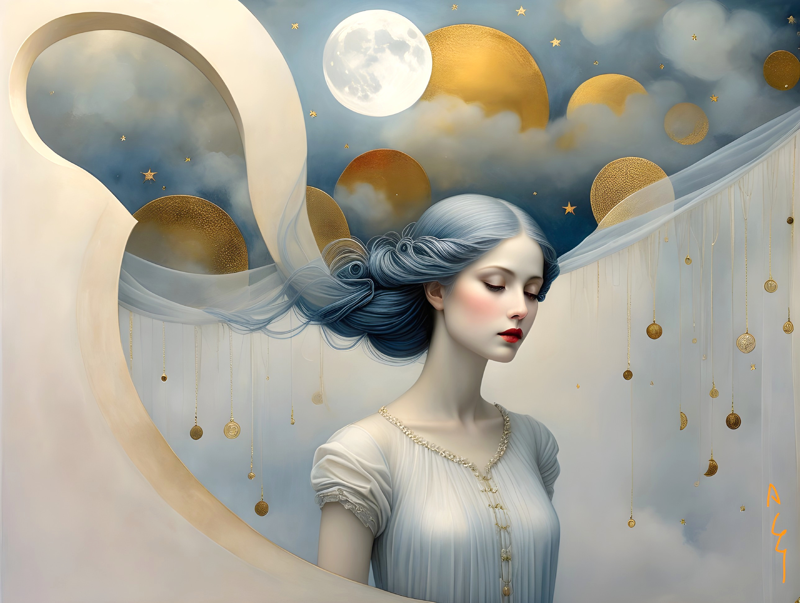 Ethereal figure in white gown against dreamy backdrop