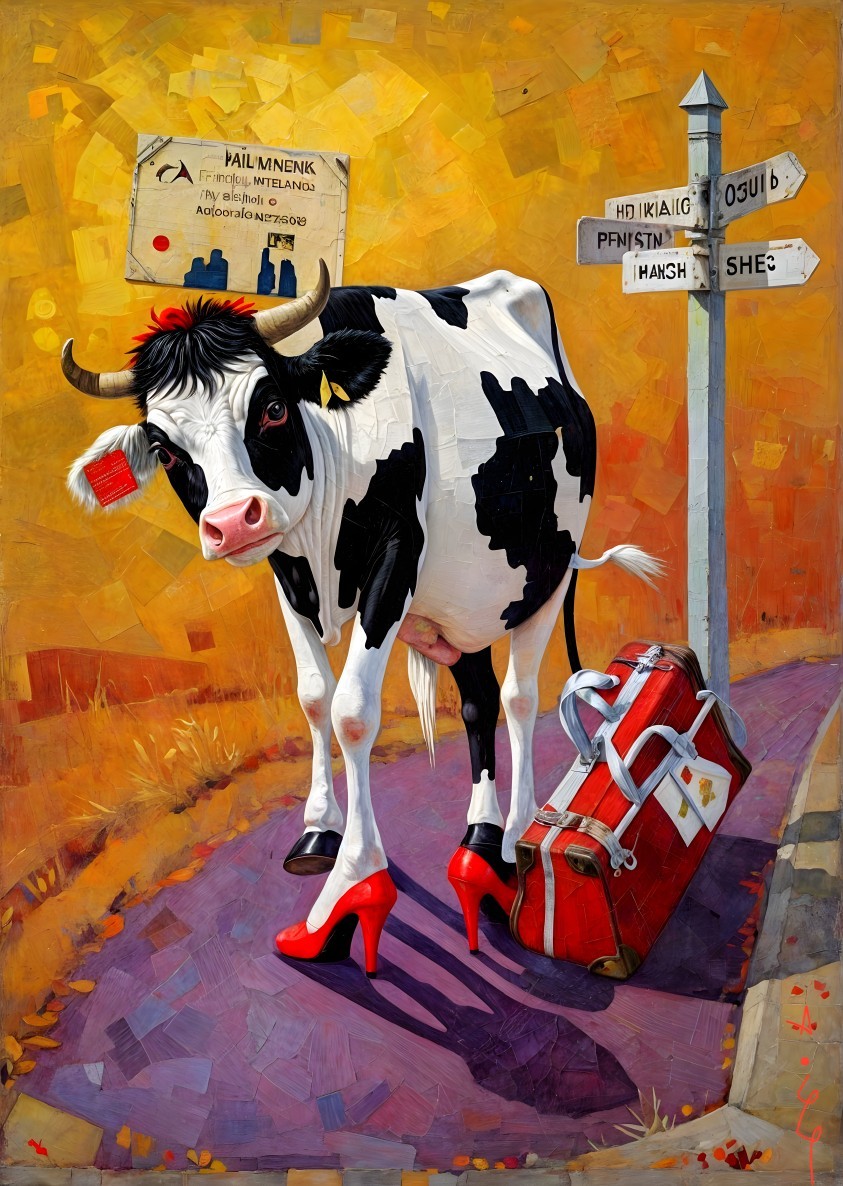 Whimsical Cow on Colorful Pathway with Vintage Suitcase