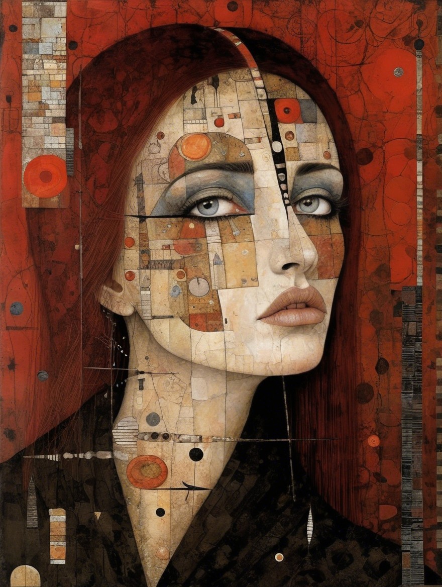 Female Figure with Red Hair and Geometric Patterns