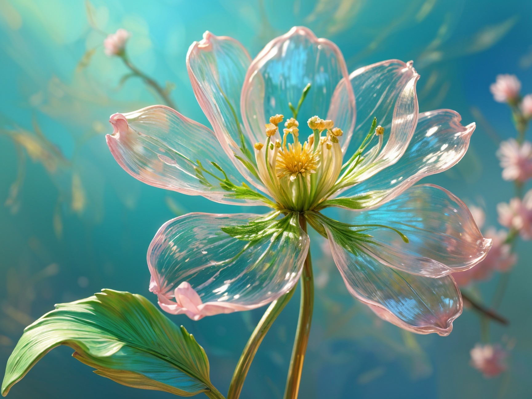 Delicate pink flower with yellow center and green leaves