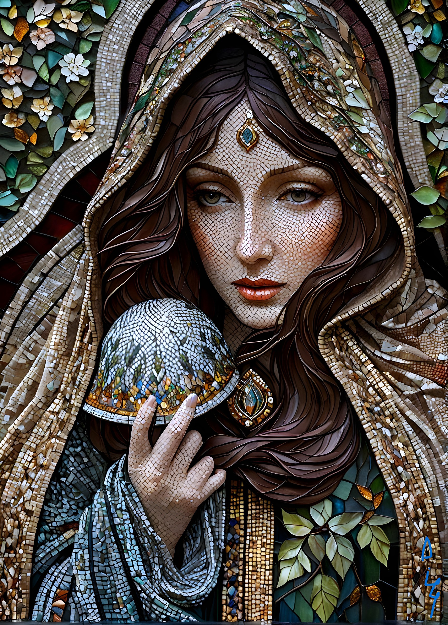 Mosaic Portrait of a Serene Woman with Cloak