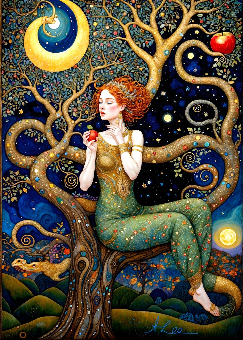 Mystical Woman in Ornate Tree with Celestial Elements