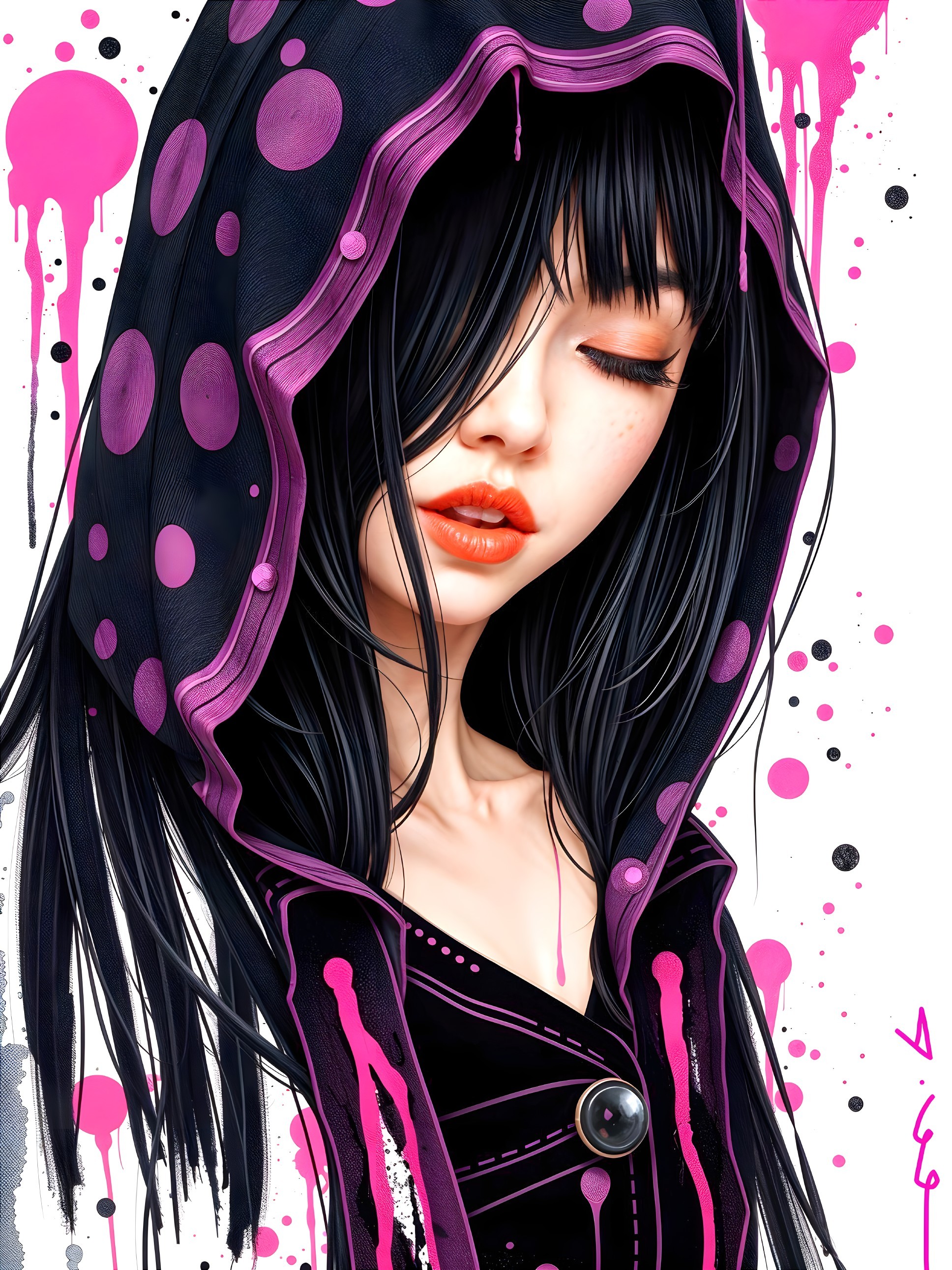 Digital Portrait of Young Woman with Black Hair