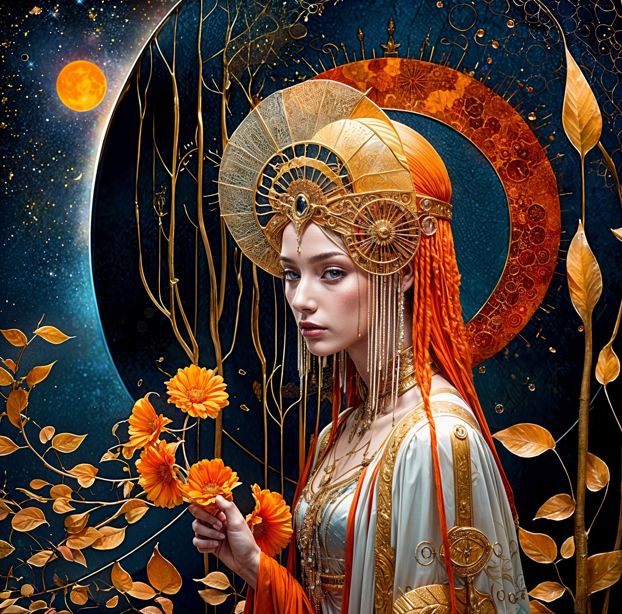 Vibrant Figure with Orange Hair in Celestial Scene