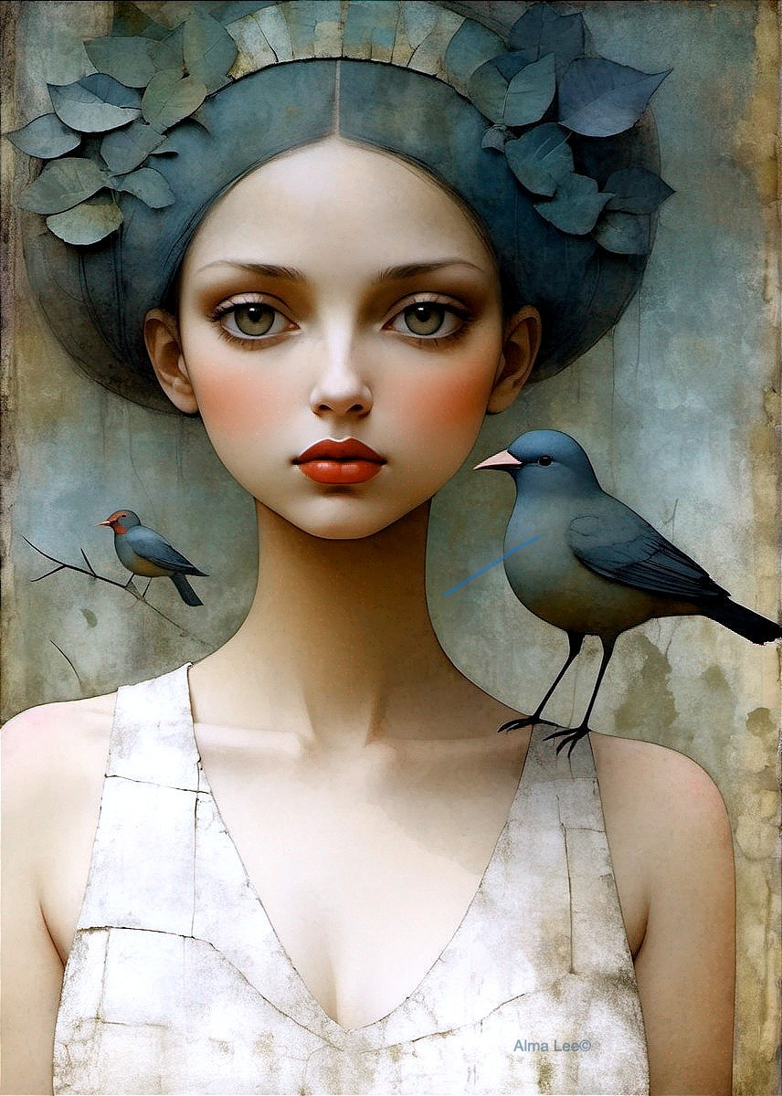 Young woman with delicate hairstyle and birds