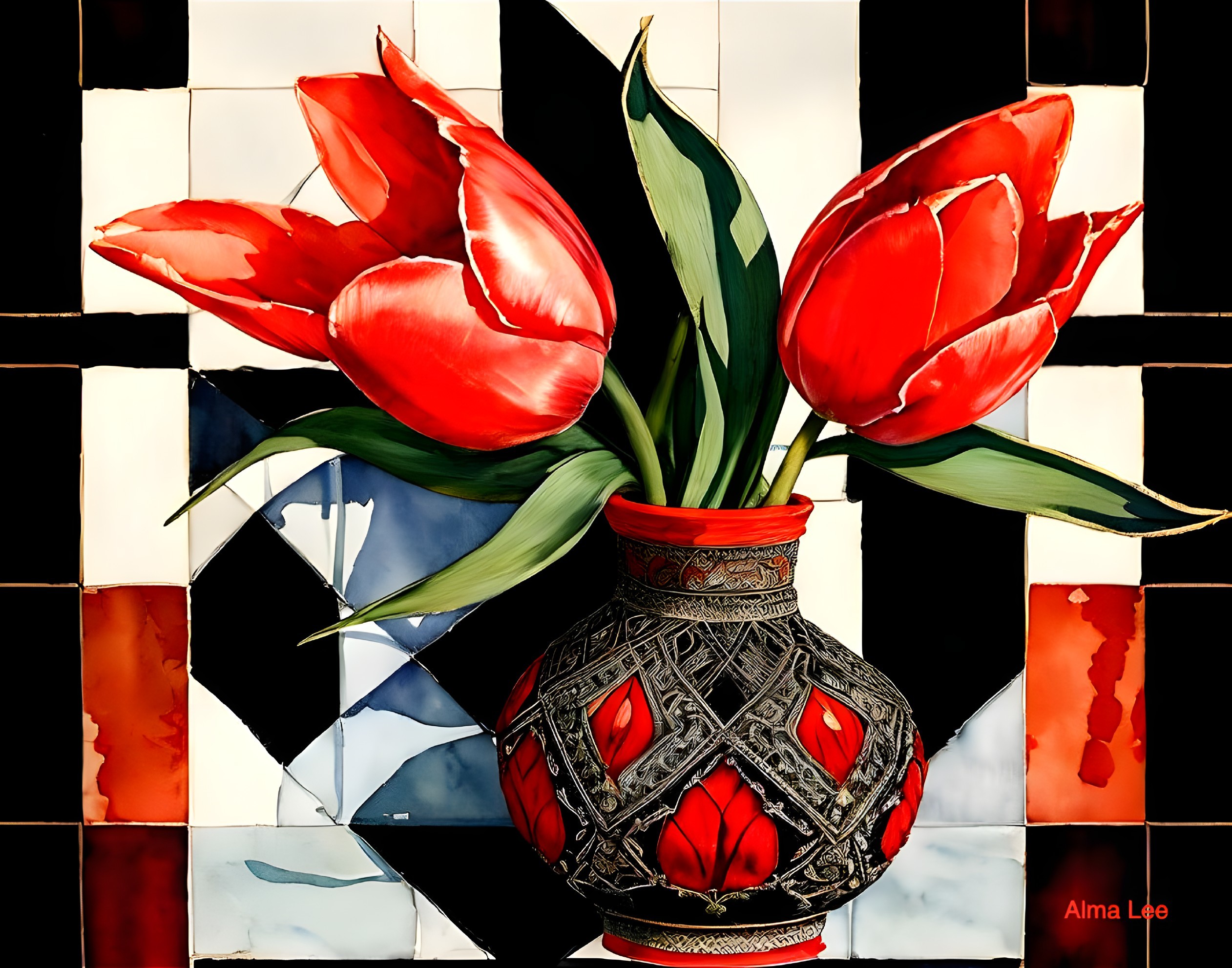 Radiant Tulips in Checkerboard Vase