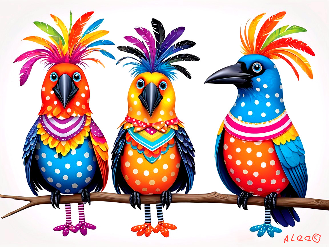 Whimsical Birds with Colorful Feathers on a Branch