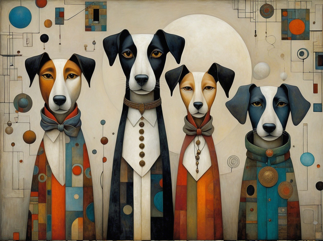 Cubist Depiction of Four Anthropomorphic Dogs in Line