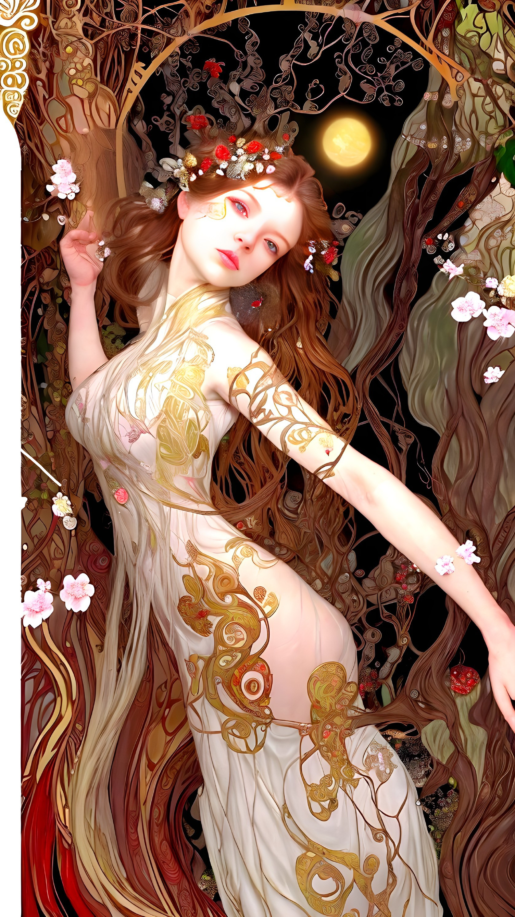 Mystical Figure Amidst Floral Patterns and Moonlight