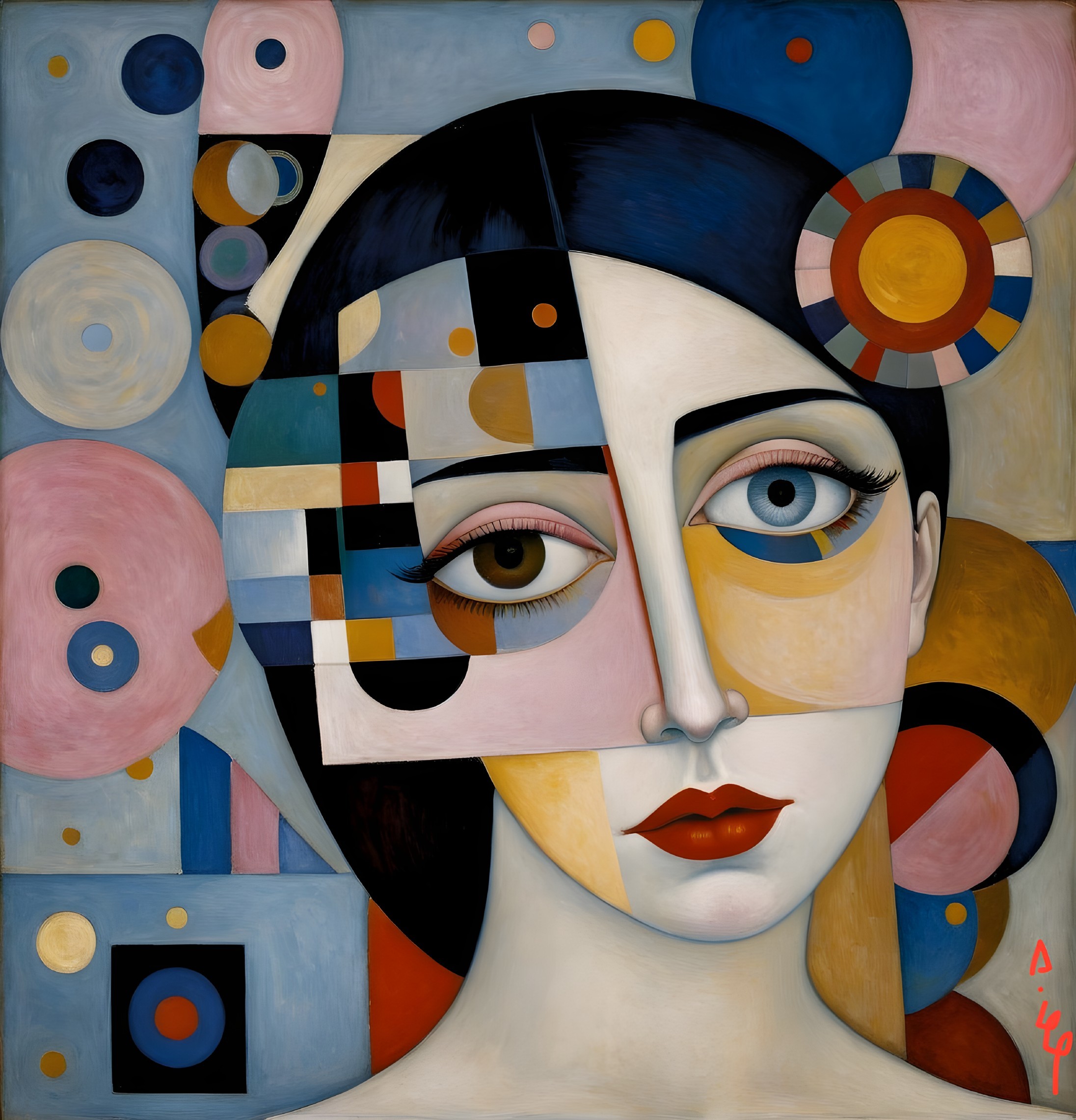 Stylized Portrait of a Woman with Geometric Elements