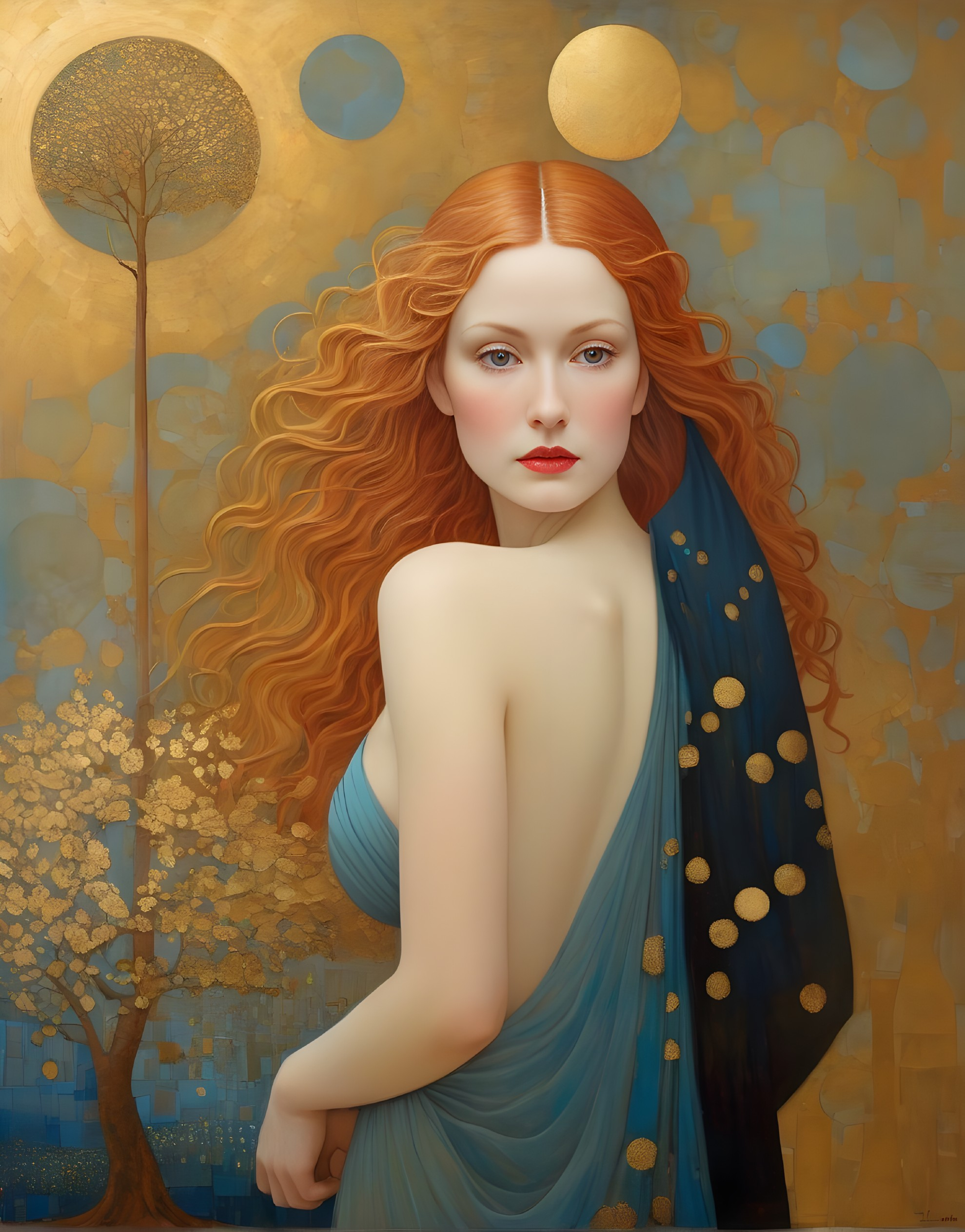 Surreal portrait of woman with red hair in blue garment against golden backdrop