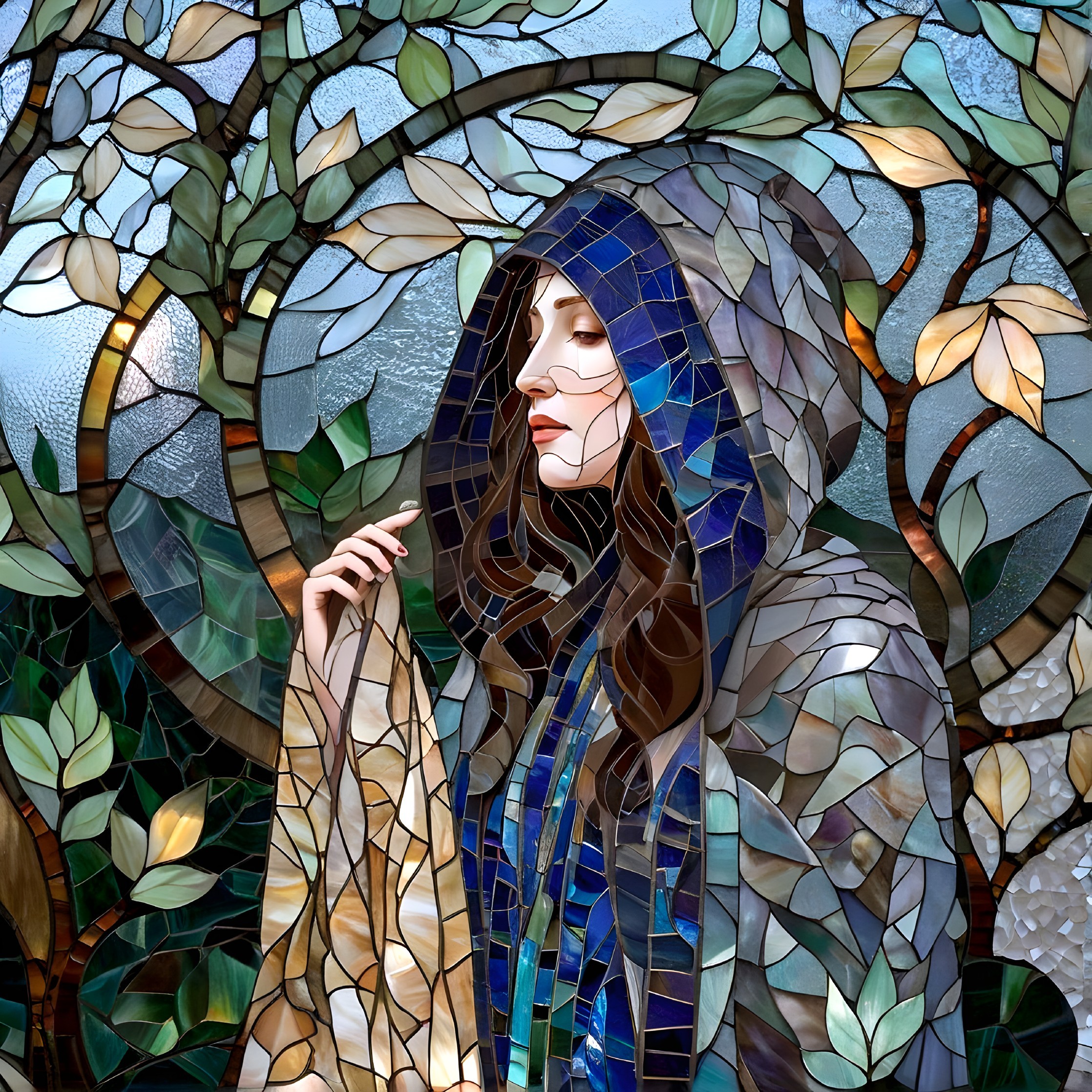 Stained Glass Artwork of Woman in Blue Cloak Amid Nature
