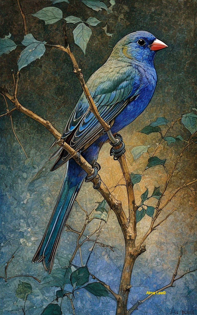 Vibrant Blue Bird on Branch with Green Foliage